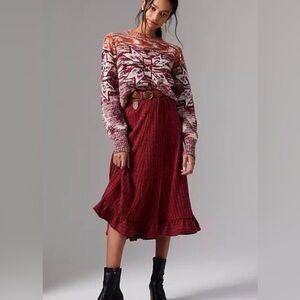 Anthropologie Pauline Midi Sweater Skirt Red Rouge Ruffled Ribbed Size XS